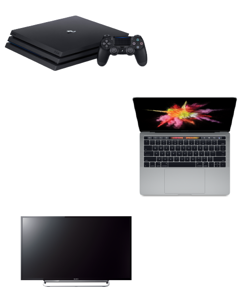 PS4, Macbook, TV